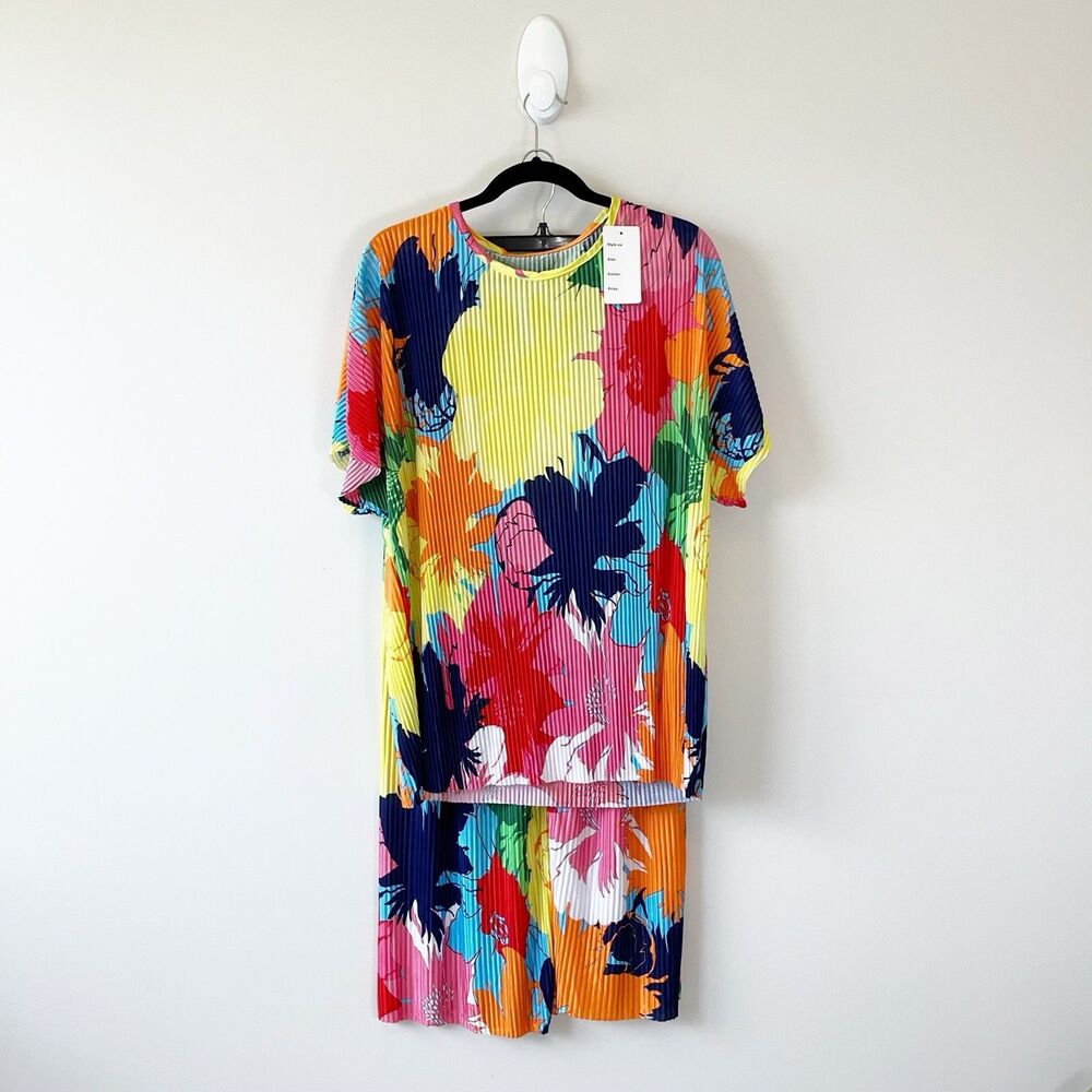 Women’s 2 Piece Set Pleated Blouse Wide Leg Pants Floral Multicolor Size XL NWTs